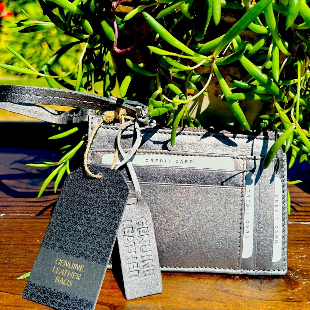 Gray Metallic Genuine Leather Card Holder Wristlet NWT